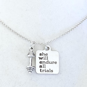 Weight Lifting She Will Endure All Trials SWEAT Barbell Dumbbell Laser Engraved Necklace You Select Chain Material and Length