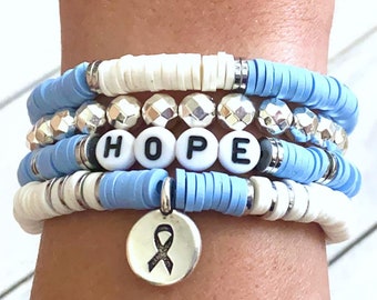 Periwinkle Awareness Ribbon Stacked Stretch Bracelet Survivor Hope Love Esophageal Stomach Cancer Set You Select Bracelet Length and Wording