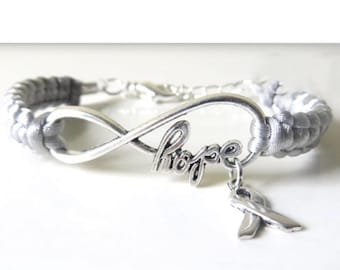 Cinta gris de concienciación ESPERANZA, pulsera de macramé con dijes de amor, cáncer cerebral, tumor cerebral, lesión cerebral, diabetes, asma, enfermedad de Parkinson.