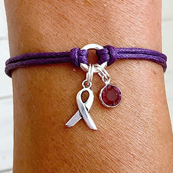 Purple Awareness Bracelet with Purple Crystal Charm You Select Bracelet Length Alzheimers Crohns Disease Pancreatic Cancer Lupus