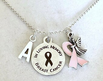 Pink Breast Cancer In Loving Memory Angel Awareness Optional Letter Initial Necklace YOU Select Chain Material and Length