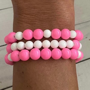 Springtime Summertime Beach Pink Bright Bubblegum White Beaded Stretch Bracelet Set You Select Your Bracelet Choice