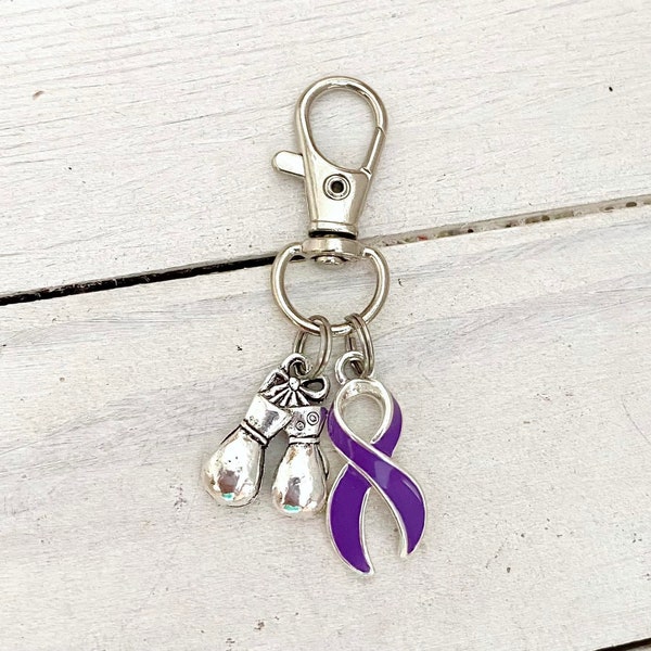 Purple Awareness Zipper Pull Keychain YOU Select Charms Cancro al pancreas Alzheimers Demenza Crohns Sarcoidosi Foster Care Lupus