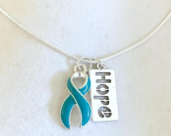 Teal Customizable Awareness Ribbon Charm Necklace with Optional Add On Charms