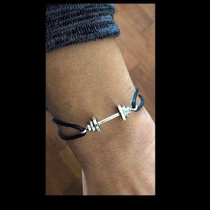 Barbell Workout Weightlifter Body Builder Bracelet YOU Select Your Cord Color