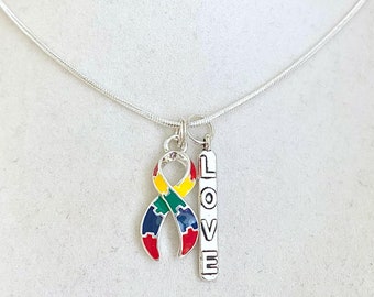 Autism Puzzle Piece Love Hope Customizable Awareness Ribbon Charm Necklace with Optional Add On Charms