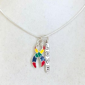 Autism Puzzle Piece Love Hope Customizable Awareness Ribbon Charm Necklace with Optional Add On Charms