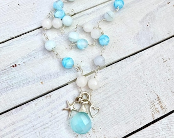 Collar de cuentas de cristal de celestita de piedra lunar de verano turquesa aguamarina de playa con dijes de estrella de mar y corazón que seleccione la longitud