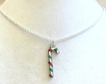 Candy Cane Christmas Holiday Candy Peppermint Silver Red Green Necklace You Select Necklace Length