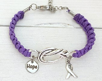 Purple Hope/Love Awareness Love Knot Ribbon Bracelet with Laser Engraved Charm Pancreatic Cancer Alzheimers Dementia Lupus Crohns Disease