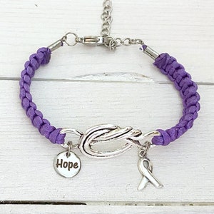Purple Hope/Love Awareness Love Knot Ribbon Bracelet with Laser Engraved Charm Pancreatic Cancer Alzheimers Dementia Lupus Crohns Disease