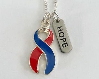 Red and Blue Customizable Awareness Ribbon Charm Necklace with Optional Add On Charms