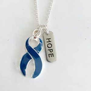 Blue Customizable Awareness Ribbon Charm Necklace with Optional Add On Charms image 1