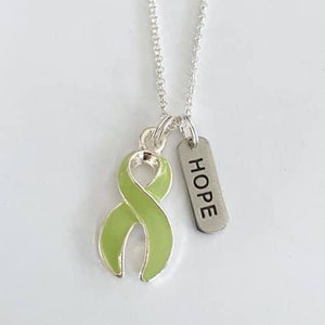 Lime Green Customizable Awareness Ribbon Charm Necklace with Optional Add On Charms
