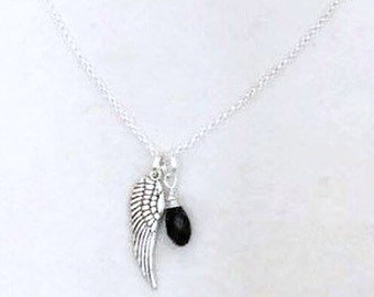 Black Melanoma Skin Cancer Awareness Angel Wing Pendant Sterling Silver Necklace You Select Chain Length