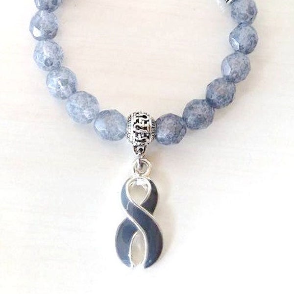 Grey Awareness Ribbon Infinity Glass Beaded Stretch Bracelet