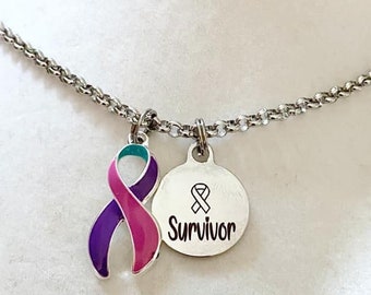 Thyroid Cancer Disease Survivor Awareness Ribbon Necklace Hashimotos Graves Lupus Hyperthyroid Hypothyroid You Select Chain Length