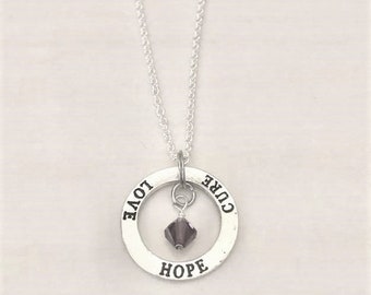 Purple Awareness Hope Love Cure Crystal Necklace  Pancreatic Cancer Alzheimers Dementia Crohns You Select Chain Length