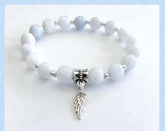 Pulsera elástica de plata esterlina con diseño de celestita, oración de alas de ángel y meditación, para calmar la mente.