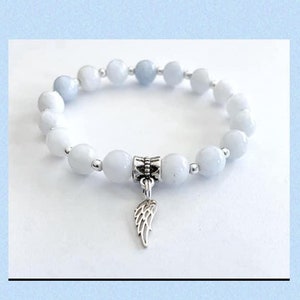 Celestite Meditation Mindfulness Angel Wing Prayer Calming  Sterling Silver Stretch Bracelet