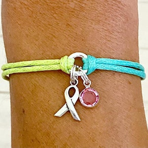 Metastatic Breast Cancer Stage 4 Awareness Bracelet with Crystal Charm You Select Cord Color(s), Crystal Color, and Bracelet Length