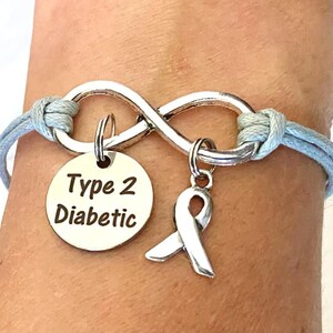 Diabetes Type 2 Gray Awareness Infinity Bracelet Silver Ribbon Charm Laser Engraved Charm