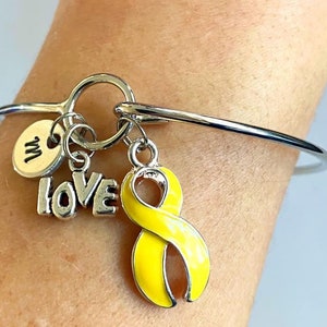 Yellow LOVE HOPE Customizable Awareness Charm Bangle Bracelet With Optional Love Hope and Letter Charm