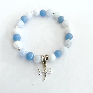 Celestite Angelite Dragonfly Calming Tranquility Meditation Mindfulness  Prayer Sterling Silver Stretch Bracelet