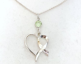Lymphoma Heart Awareness Ribbon Lime Green Peridot Necklace Crystal Sterling Silver You Select Chain Length