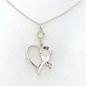 Lymphoma Heart Awareness Ribbon Lime Green Peridot Necklace Crystal Sterling Silver You Select Chain Length