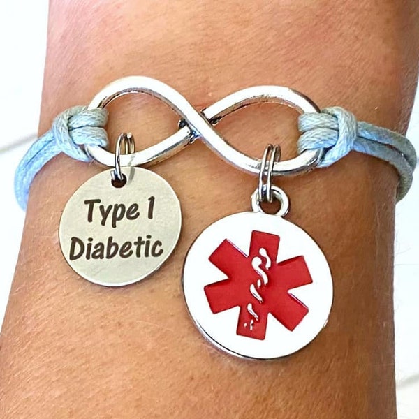 Type 1 Diabetic Medical Alert Star of Life Gray Infinity Charm  Bracelet