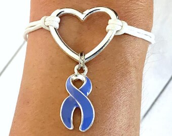 Periwinkle Awareness Open Heart Bracelet YOU Select Your Cord Color and Length Esophageal Stomach Cancer Eating Disorders Hypertension