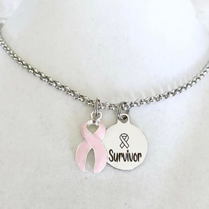 Breast Cancer Survivor Pink Awareness Ribbon Necklace You Select Chain Length