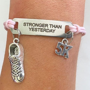 Stronger Than Yesterday Running Sneaker 5k 10k 13.1 26.2 RUN Charm Bracelet You Choose Your Running Charm and Cord Color(s)