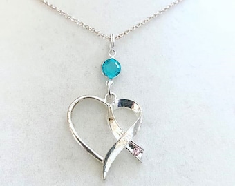 Teal Awareness Ribbon Heart Necklace Crystal Sterling Silver You Select Chain Length