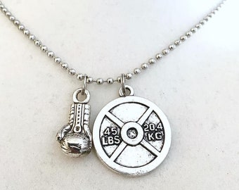 Men's Women's Weightlifter Boxer 45 Pound Weight Workout Charm Necklace YOU Choose Necklace Length and Ball Chain Size