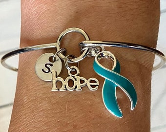 Teal LOVE HOPE Customizable Awareness Charm Bangle Bracelet With Optional Love Hope and Letter Charm