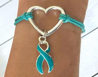 Teal Anxiety Awareness Open Heart Bracelet YOU Select Your Cord Color and Length Ovarian Cancer Anxiety Tourettes OCD PTSD Desmoid Tumors