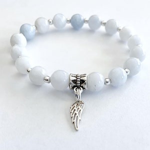 Celestite Meditation Mindfulness Angel Wing Prayer Calming  Sterling Silver Stretch Bracelet