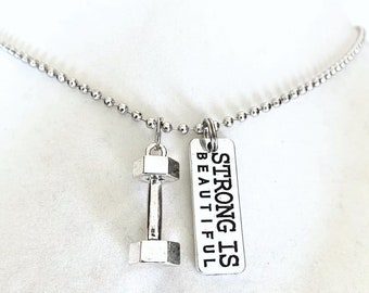 Strong is Beautiful Workout Weight Lifting Bodybuilding Dumbbell Charm Necklace YOU Choose Necklace Length