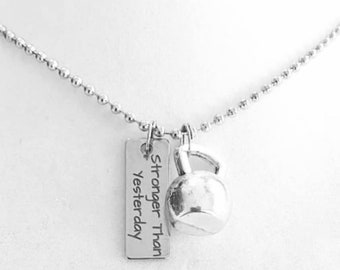 Stronger Than Yesterday Kettlebell Weightlifting Gym Personal Trainer Charm Necklace YOU Choose Necklace Length