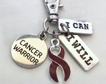 Burgundy Cancer Warrior Key Chain Zipper Pull Multiple Myeloma Oral Cancer I Can I Will