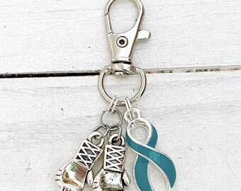 Teal Awareness Zipper Pull Key Chain YOU Select Charms Ovarian Cancer Tourettes Scleroderma Hydrocephalus PTSD Pcos