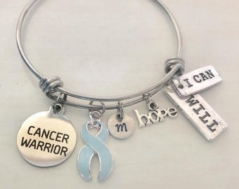 Light Blue Warrior Stainless Steel Personalized Hand Stamped Bangle Bracelet You Select Bangle Size Prostate Cancer