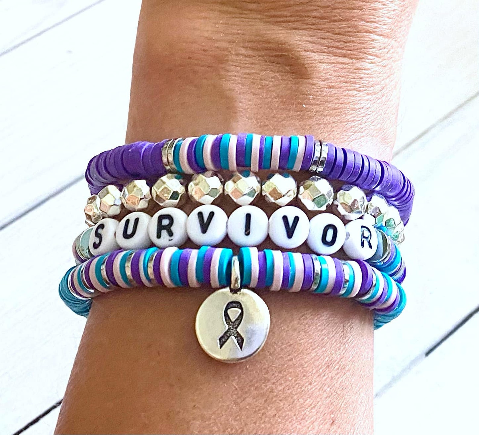 Thyroid Cancer Awareness Ribbon Stacked Stretch Bracelet Set Hashimotos ...