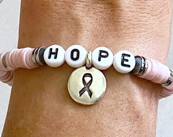 Breast Cancer HOPE LOVE SURVIVOR Personalizable Stretch Bracelet You Select Wording and Bracelet Size