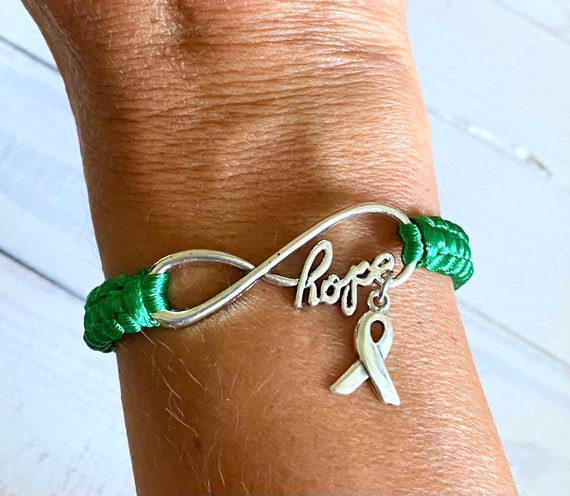 Liver Cancer Celiac Disease Emerald Green Awareness Ribbon HOPE LOVE Infinity Bracelet YOU Choose Charm s