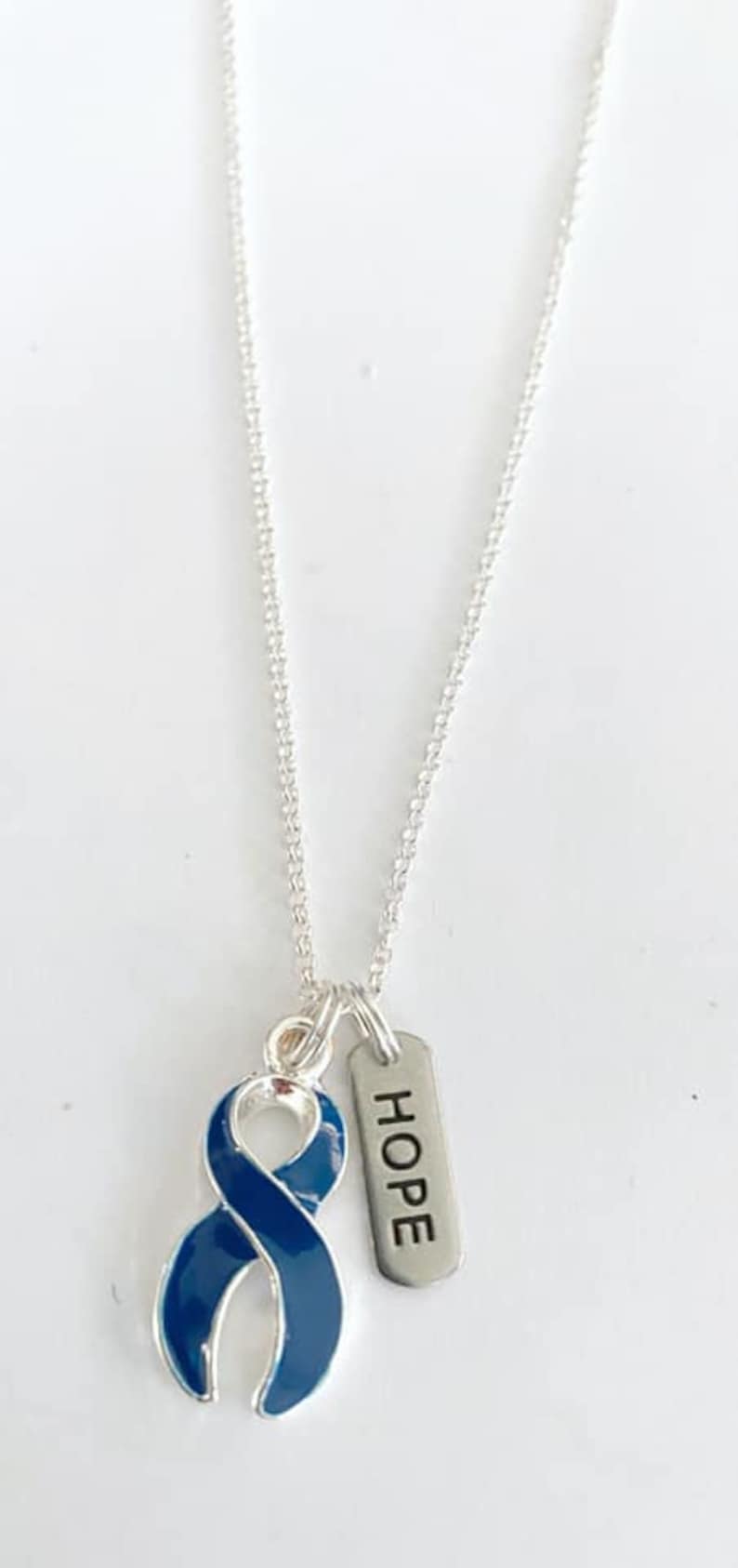 Blue Customizable Awareness Ribbon Charm Necklace with Optional Add On Charms image 1