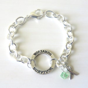 Lymphoma Survivor Lime Green Charm Bracelet Crystal Charm and Sterling Silver Awareness Ribbon Charm