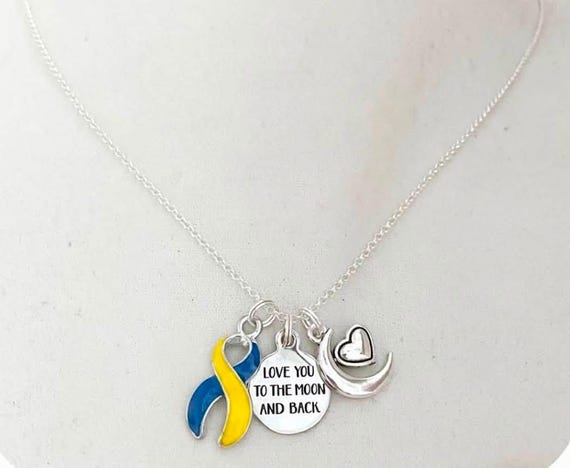 Down Syndrome Awareness Ribbon Love You To the Moon and Back Laser Engraved Necklace You Select Chain Material and Length